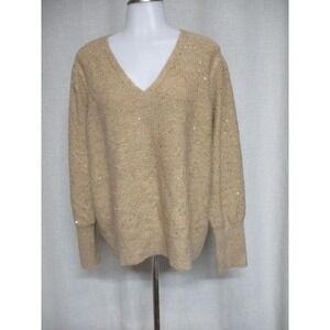 LOFT Tan Stretch Knit Sequin Pull Over V Neck Sweater top XL